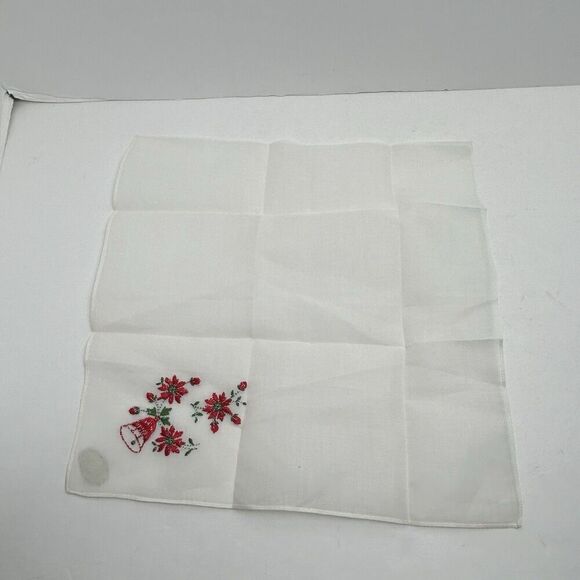 VTG Poinsettia Hankie Christmas Embroidered Handkerchief Linen Switzerland - Picture 4 of 4